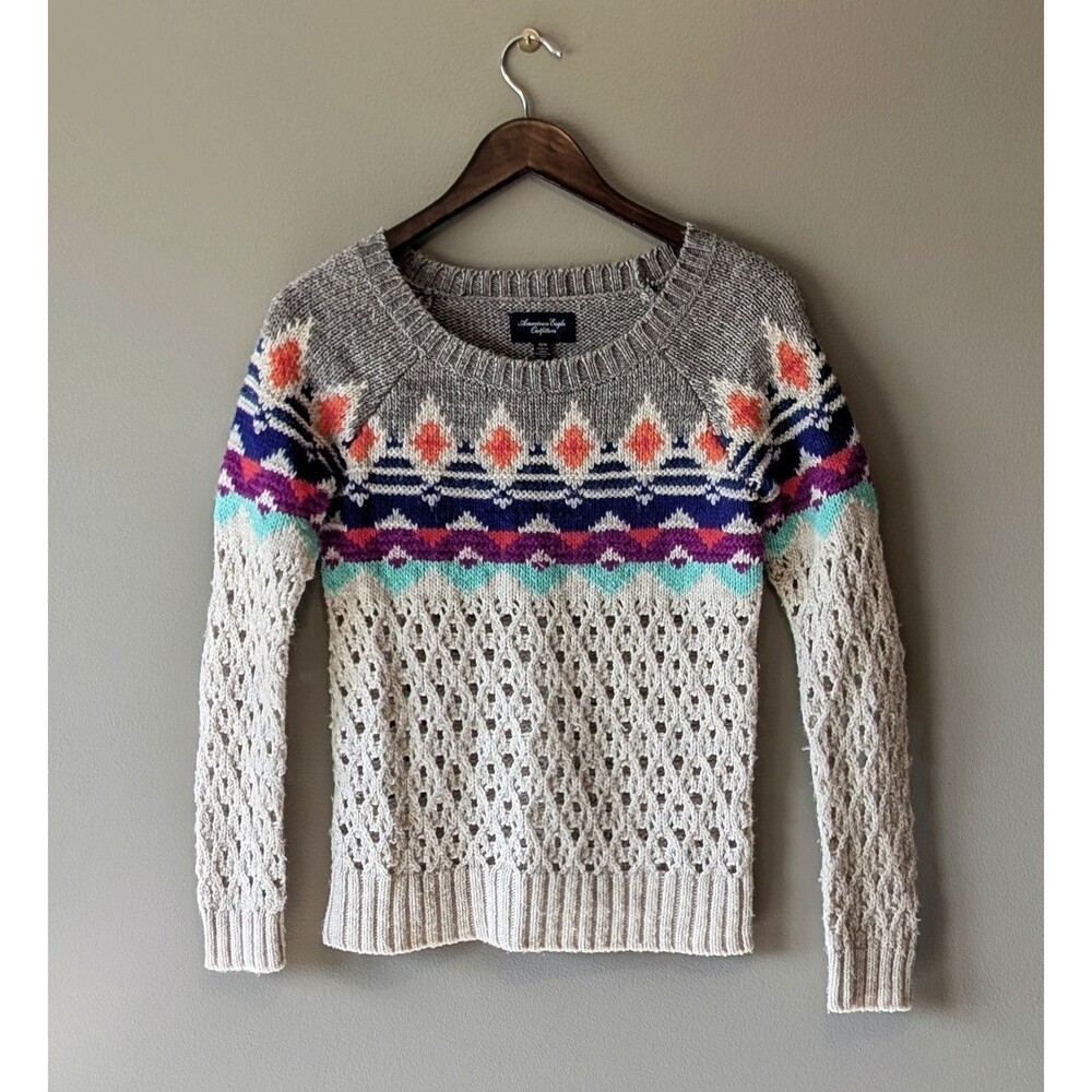 American Eagle Womens Extra Small XS Sweater Fair Isle Open Knit Pullover Gray